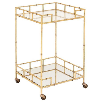 Urban Designs Gold Leaf 2-Shelf Square Metal Mirror Mobile Bar Cart