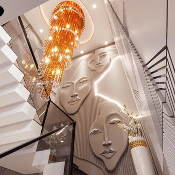 Modern Staircase with Murti Wall Niche & Glass Safety Panels | Luxury Interior D