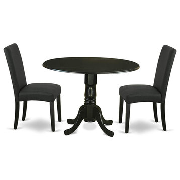 3 Pieces Dining Set, Tabletop With Drop Down Leaves & Padded Chairs, Black