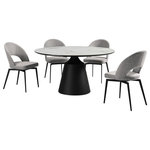 Armen Living - Knox Lucia 5 Piece Dining Set With Stone Top and Gray Fabric Chairs - Enjoy an intimate meal or host a dinner party with the Knox Lucia 5 Piece Dining Set with Stone Top and Gray Fabric Chairs. This set includes 1 Knox dining table and 4 Lucia swivel dining chairs. Beautifully minimalistic, our dining chair stands out with a refined and striking silhouette. A sleek cut-out and slender black metallic legs complete the modern and sophisticated appeal of the kitchen chair. It's ergonomically sculpted back delivers exceptional comfort, supporting you in just the right places. The back and seat are both generously padded to bring a dose of comfort to your formal and casual meals. Our dining room chair can also serve as a comfy seat in your home office or provide a comfortable spot to relax in your living room. The dining table chair also includes a 180 - degree swivel function allowing you to change directions and follow conversations with ultimate ease. It is upholstered in performance fabric for easy care and maintenance. The refined and distinctive silhouette of the dining table attains a statement-making appeal in any room. It features a perfectly rounded tabletop perched upon an eye-catching pedestal base. Its sintered stone tabletop depicts the graceful and natural textures of white marble to add a polished touch to your casual or formal meals. This tabletop is resistant to etching, scratches, burns, and stains as a durable yet elegant alternative to quartz. It is perched upon a black metal base to attain contrast and a versatile appeal. The round dining table can comfortably seat up to six individuals for enjoying meals in your kitchen, dining room, or living space. A 55" round shape allows the table to function as a natural hub for conversations. The Knox Lucia dining set is available in 5 and 7 piece set configurations and features a white stone tabletop with black metal base and gray upholstered swivel dining chairs.