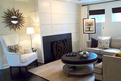 Inspiration for a mid-sized modern formal and open concept dark wood floor living room remodel in Houston with white walls, no fireplace and no tv