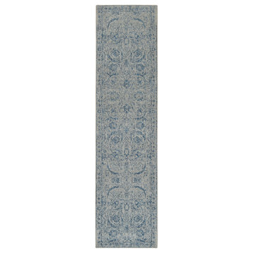 Wool and Plant Based Silk Hand Loomed Gray Fine Jacquard Runner Rug, 2'6" x 10'