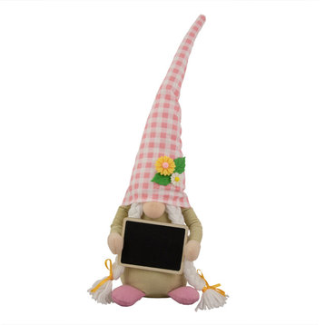 16" Pink Gingham Plaid Springtime Gnome with Chalkboard