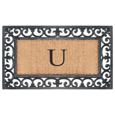 A1HC Rubber & Coir Paisley Border Monogrammed Outdoor Doormat 18"X30", Black, U