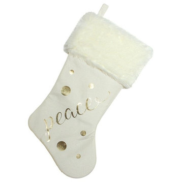 19" Ivory White Gold Foil "Peace" Christmas Stocking With White Faux Fur Cuff