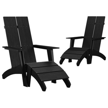 Set of 2 Sawyer All-Weather Poly Resin Wood Adirondack Chairs, Foot Rests, Black