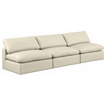 Meridian Furniture - Comfy Upholstered Modular Sofa, Cream, 3-Piece: 3 Armless Chair, Vegan Leather - Give your space a whole new look with this cream Comfy vegan leather sofa. This handsome sofa fits nicely with other items in the Comfy collection and is a versatile seating option designed for adaptability, comfort and style. Wrapped in rich cream durable vegan leathered upholstery, this sofa offers a plush embrace of overstuffed down feather cushions, carefully crafted to deliver the highest level of comfort. The perfect seat for creating an oasis for relaxation, this sofa has thick foam surrounding its frame for added support and coziness.