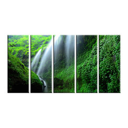 Vibrant Canvas Prints - 5 Panel Large Nature Forest Waterfall Canvas Wall Art Framed Home Office Decor - Prints And Posters
