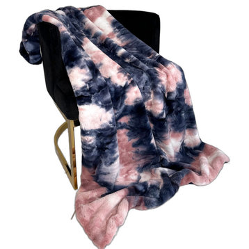 Plutus Pink Navy Fureal Faux Fur Luxury Throw Blanket, Throw 48"W x 60"L