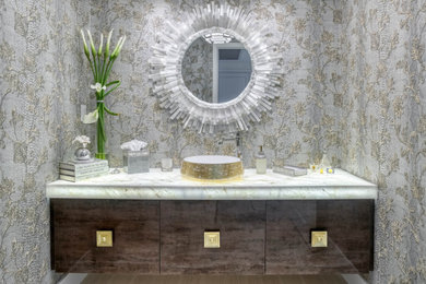 Inspiration for a mid-sized contemporary 3/4 bathroom in Other with flat-panel cabinets, brown cabinets, a one-piece toilet, a pedestal sink, engineered quartz benchtops, white benchtops, a single vanity, a floating vanity, wallpaper and wallpaper.