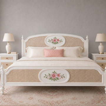 Handcrafted French Provincial Cane Bed | Hand-Painted Wood & Floral Detail