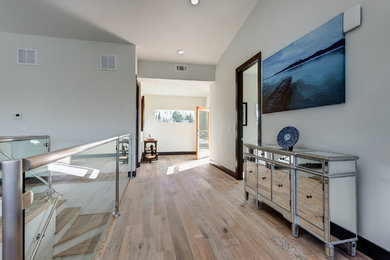 Example of a mid-sized minimalist light wood floor entryway design in Los Angeles with white walls and a glass front door