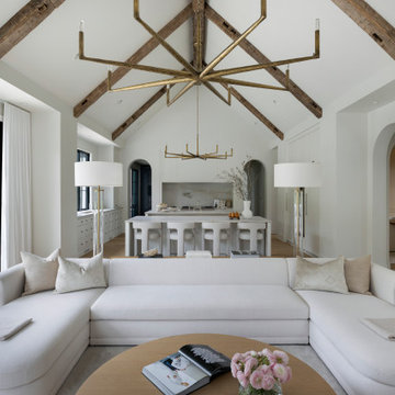 Hand Hewn Box Beams in Modern Minimalist Vaulted Living Room