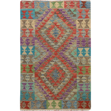 Colorful Reversible Flat weave Afghan Kilim Pure Wool Hand Woven Rug, 2'7"x4'1"