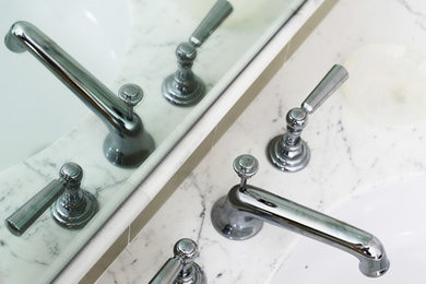 Corner shower - mid-sized traditional master white tile and stone tile pebble tile floor corner shower idea in San Diego with shaker cabinets, gray cabinets, marble countertops, an undermount tub, a two-piece toilet, an undermount sink and white walls