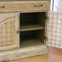 Closer view of lower half of Cabinet with new hardware and stenciled details. - Furniture