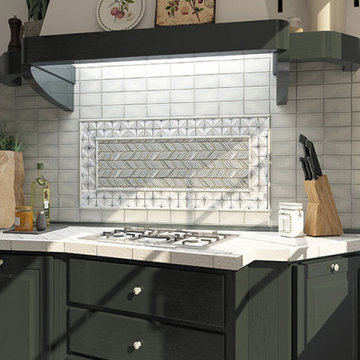 Peaceful Farmhouse Kitchen With Green Cabinetry and Ceramic Tile Backsplash