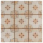 Merola Tile - Mirambel Marron Ceramic Floor and Wall Tile - Inspired by classic stencil-painted ceramic tiles, our Mirambel Marron Ceramic Floor and Wall Tile offers a stunning throwback to artisanal tile work. Save time and labor spent arranging smaller square tiles and instead install these durable ceramic slabs, which have nine squares separated by scored grout lines. Designed by interior architect and furniture designer Francisco Segarra, this tile is a true reflection of vintage industrial design. These encaustic- inspired tiles offer an antique look for your space. The handmade, stenciled old-world pattern throughout in shades of terra cotta, gold and dark olive is accented with the low-sheen white glaze. Imitations of the scuffs and spots that are the marks of well-loved, worn, century-old tile allow the rich red tones of the ceramic body to peek through. There are 4 different variations available that are randomly scattered throughout each case. The scored grout lines can be grouted with the color of your choice to further customize your installation.