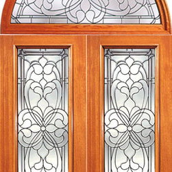 Floral Scrollwork Beveled Glass Entry Double Door and Round Transom - Front Doors