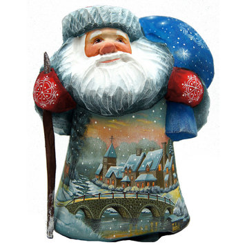Frosted Village Bridge Santa Woodcarved Figurine