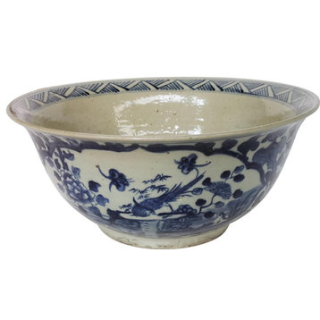 Bowl Dynasty Bird Floral Medallion Animal Ink Blue Ceramic Ha