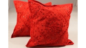 16 x 16 inch Red Mirror Embroidery Cushion Cover Set of 2