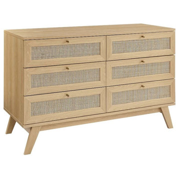 Modway Soma 6-Drawer Rattan MDF and Particleboard Dresser in Oak
