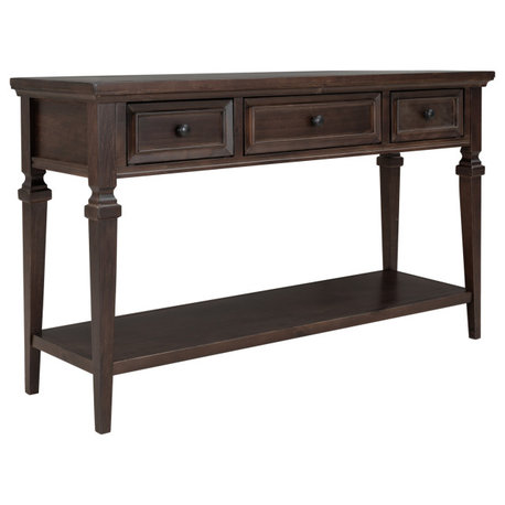 Vintage-Inspired Retro Style Console Table Three Top Drawers, Espresso