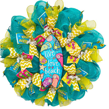 Surf Board Live Love Beach Handmade Deco Mesh Summer Wreath 24 or 28 in, Extra Large