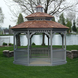 Gray Octagon Gazebo with Wood Shake Roof - Gazebos