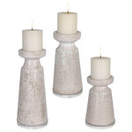 Uttermost - Uttermost Kyan 5 x 11" Ceramic Candleholders Set of 3, Ombre-Antique Sand - Set Of Three Candleholders Feature A Lightly Textured Ceramic With Crackled Glaze Finished In An Ombre, Light Antique Sand With Crystal Bases. Three, 3"x 3" Off-white Distressed Candles Included. Sizes: S-5x7x5, M-5x9x5, L-5x11x5