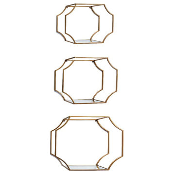 Set of 3 Gold Hexagon Mirrored Wall Shelves Open Geometric Display Contemporary