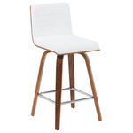 Armen Living - Vienna Counter Height Swivel Bar Stool With Snow White Faux Leather and Walnut - Elevate your kitchen, bar, or dining area with the Vienna Swivel Stool Collection ' a modern essential that combines mid-century charm with functional comfort. Designed for daily use and entertaining alike, Vienna's 360-degree swivel and armless frame provide effortless movement and easy conversation flow. The gently curved backrest supports posture alignment while keeping the profile sleek and space-saving. The Vienna stool is built on a strong wood frame with four splayed legs and a square steel footrest for added durability and a clean, modern edge. The seat and backrest are generously padded with high-density foam and finished in your choice of smooth vegan leather or performance fabric for elevated comfort and easy maintenance. Originally offered in a walnut finish with cream, brown, or gray vegan leather, and a black brushed finish with gray vegan leather, the collection now features even more design-forward combinations. Explore updated variants including snow white vegan leather with walnut, black brushed, or patterned oak finishes; vintage-inspired blue, green, and black tones paired with walnut finish frames; and bold red or soft gray performance fabrics on brushed or patterned wood finishes. Available in both counter height and bar height, Vienna offers a versatile range of styles to suit your space. With its timeless look and enduring quality, this collection brings warmth, elegance, and comfort to any interior.