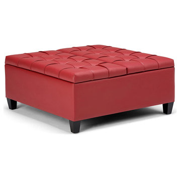 Classic Storage Ottoman, Faux Leather Upholstered Split Top, Crimson Red
