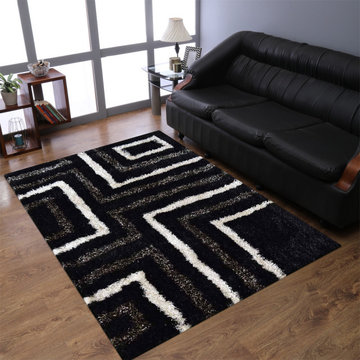 Rugsotic Carpets Hand Tufted Shag Polyester 10'x14' Area Rug Geometric Black Bei