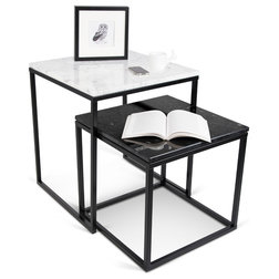 Modern Side Tables And End Tables Prairie Nesting Table With Marble Top, White and Black