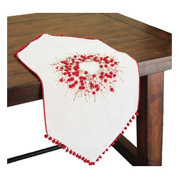 Xia Home Fashions - Handmade Holiday Berry Wreath Ribbon/Pom Pom Double Layer Table Runner, 16x36 - Table Runners