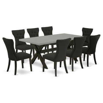 East West Furniture X-Style 9-piece Wood Dining Set in Black and Cement