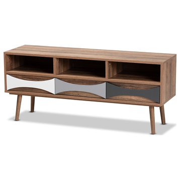 Modern and Contemporary Natural Brown Finished Wood Metal 3-Drawer TV Stand