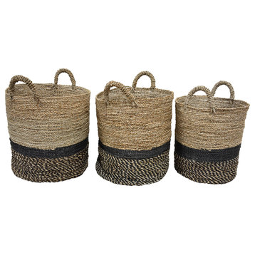 Galia Woven Seagrass Two-Tone Baskets With Black Accent, Set of 3