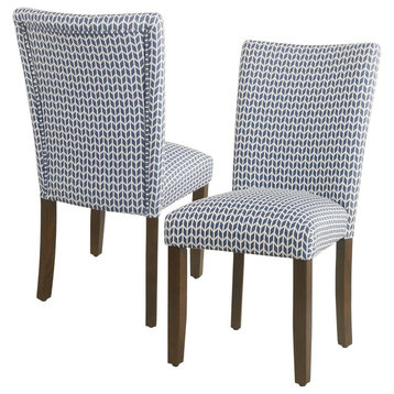 Set of 2 Armless Dining Chair, Tapered Legs With Cushioned Seat, Blue Geometric