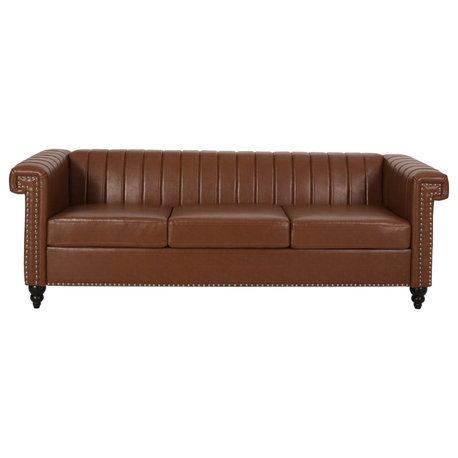 Donley Contemporary Channel Stitch 3 Seater Sofa with Nailhead Trim, Cognac + Dark Brown