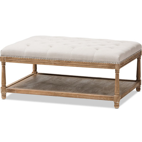 Carlotta French Country Coffee Table Ottoman - Beige, Weathered Oak