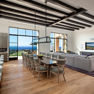 サンタバーバラの巨大なコンテンポラリースタイルのLDKの画像 (白い壁、無垢フローリング、暖炉なし)