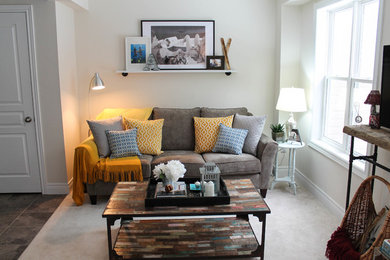 Example of a small trendy open concept carpeted and gray floor family room design in Other with white walls, no fireplace and a tv stand
