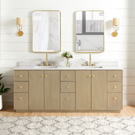 Oza Bath Vanity, Stone Top, Aged Natural Oak, 84", Double Vanity, No Mirror