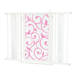 Fusion Gates - Fusion Gate with Songbirds in Pink Design, White Pearl, 36"-52" - Baby Gates And Child Safety