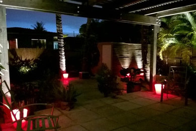 Example of a trendy backyard concrete paver patio container garden design in Miami with a pergola