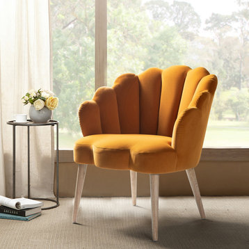 Velvet Upholstered Arm Chair With Tufted Back, Mustard