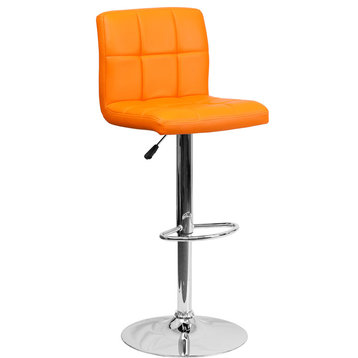 Contemporary Orange Quilted Vinyl Adjustable Barstool With Chrome Base